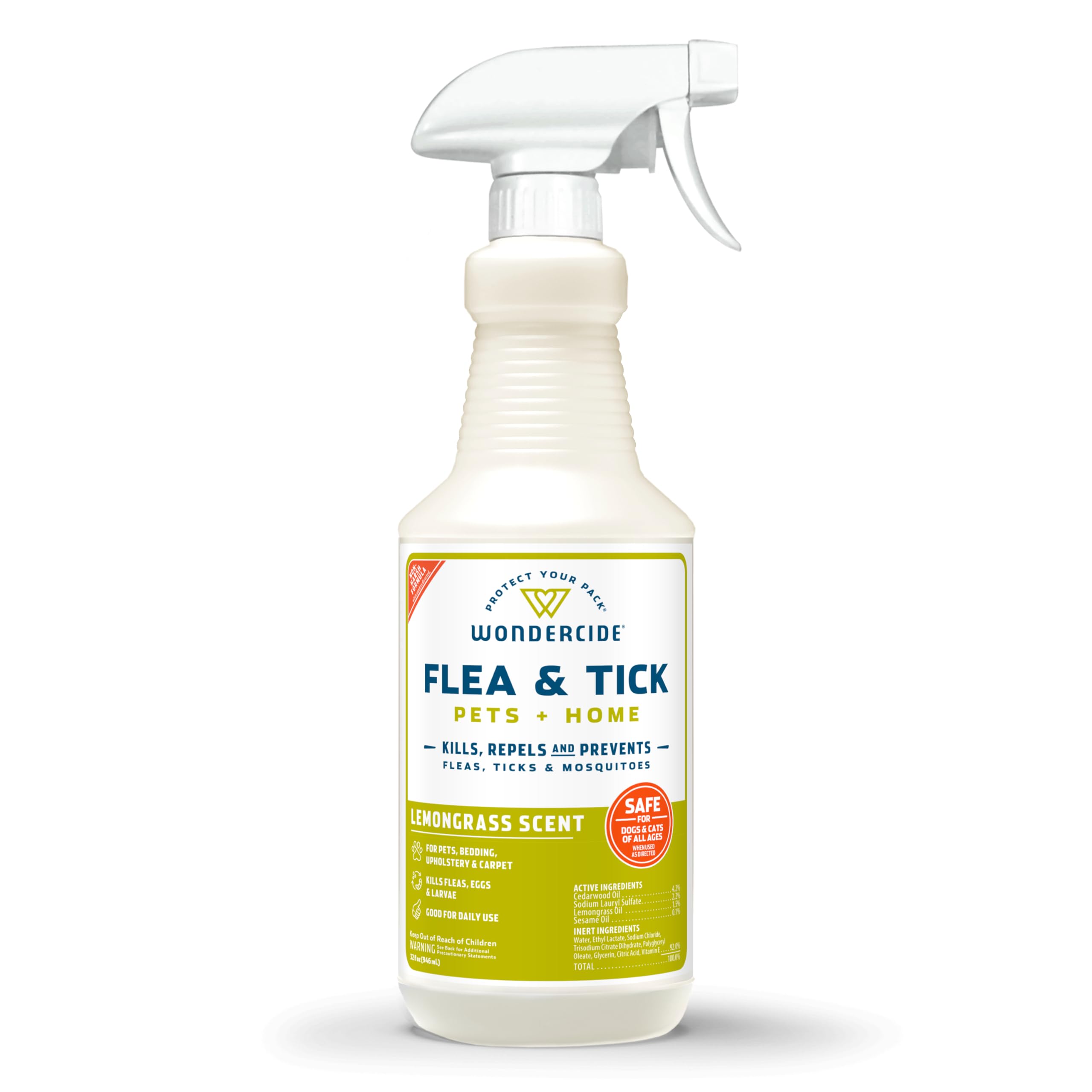 Wondercide flea tick spray bottle on dogs and cats for safe home pest control.