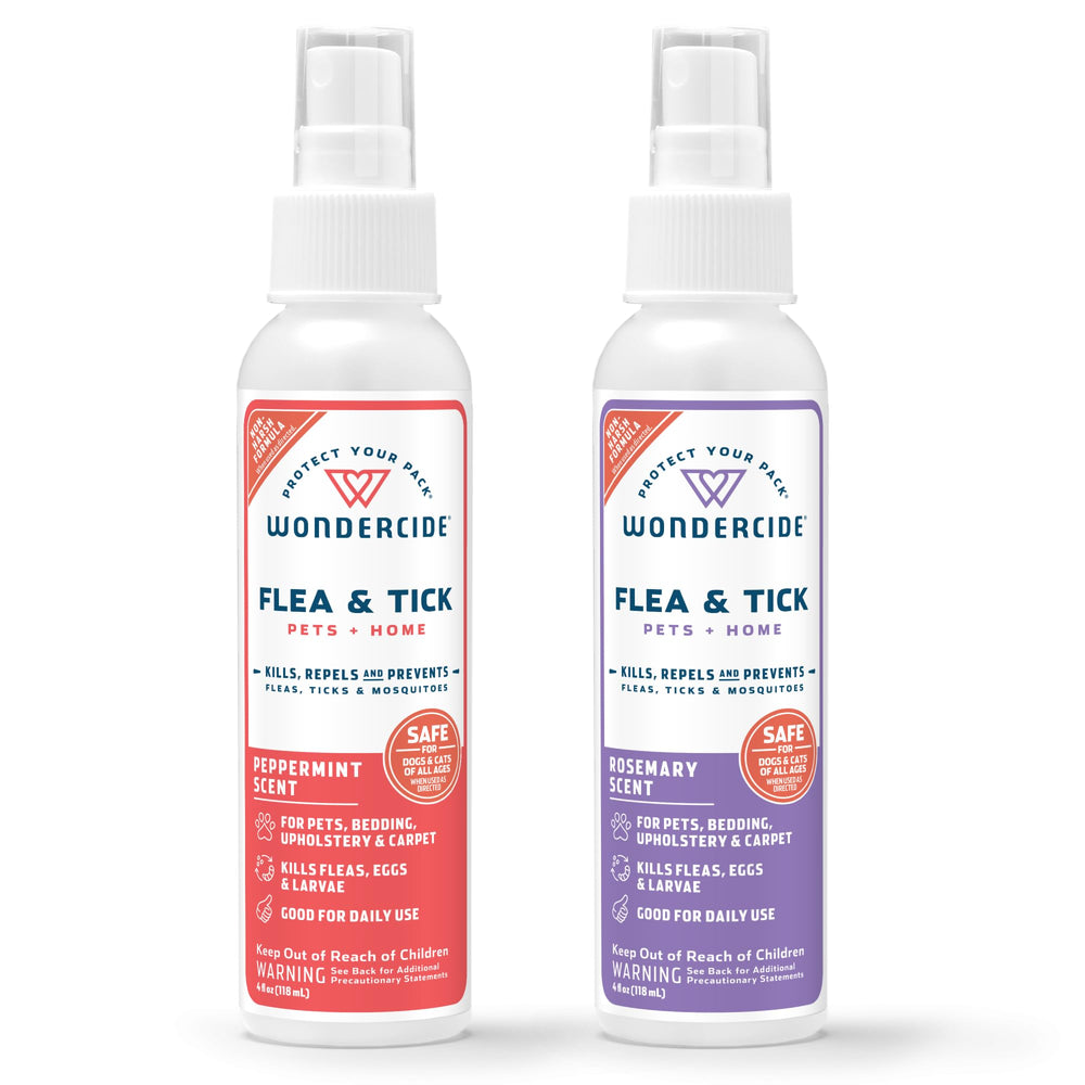 Wondercide flea spray bottle pour for dogs targets fleas and ticks on contact.