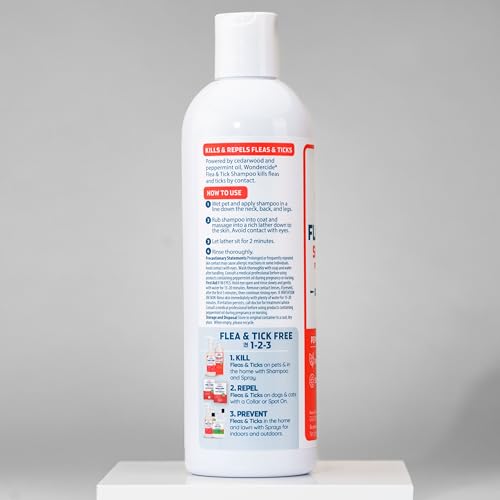 Wondercide flea and tick shampoo lathering on a dog during bath for pest protection