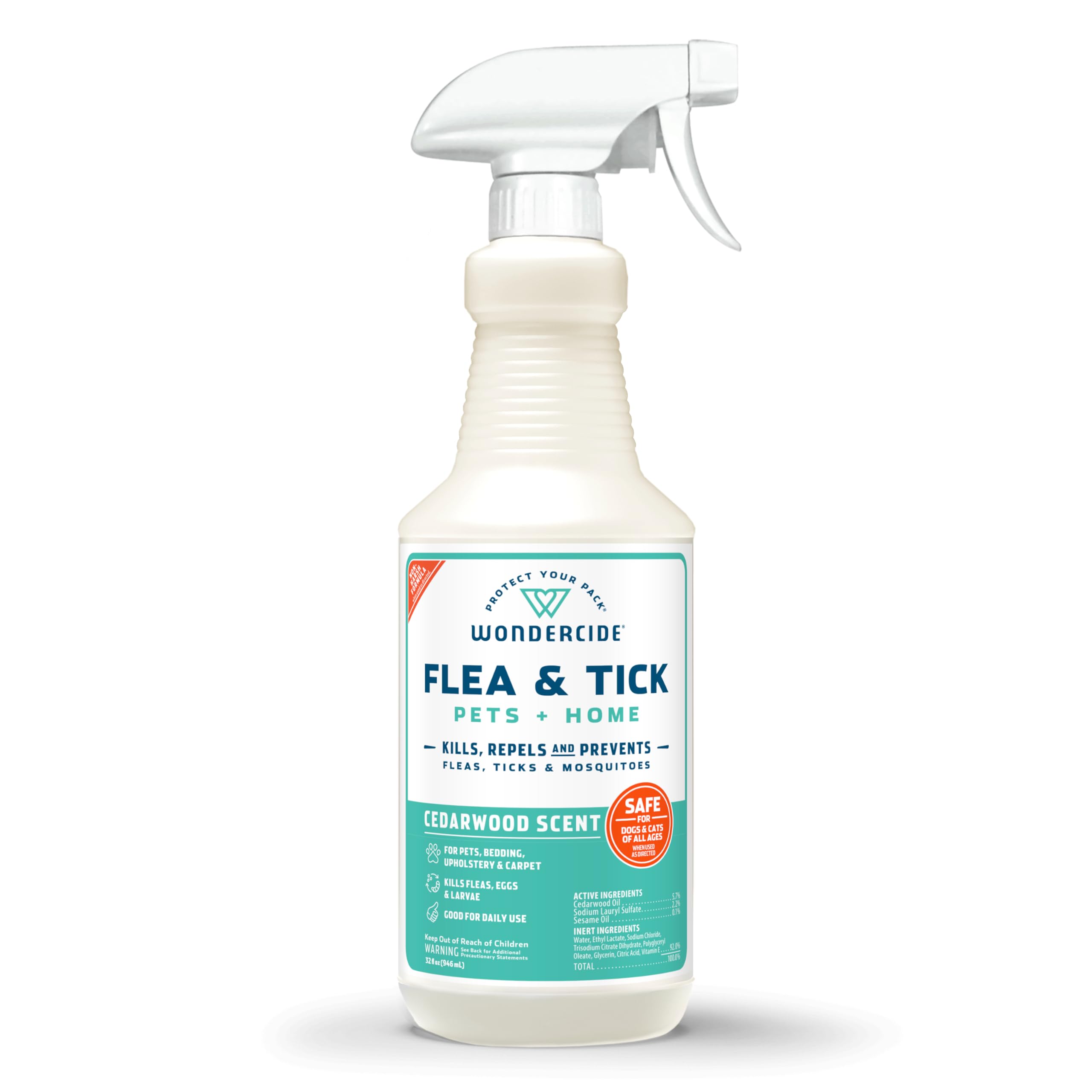 Wondercide flea tick spray bottle near a dog for natural pest control.