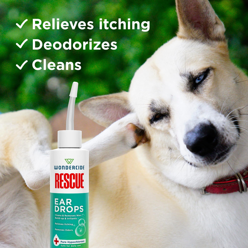 Wondercide Rescue Ear Drops on a dog's ear for soothing relief and cleanliness