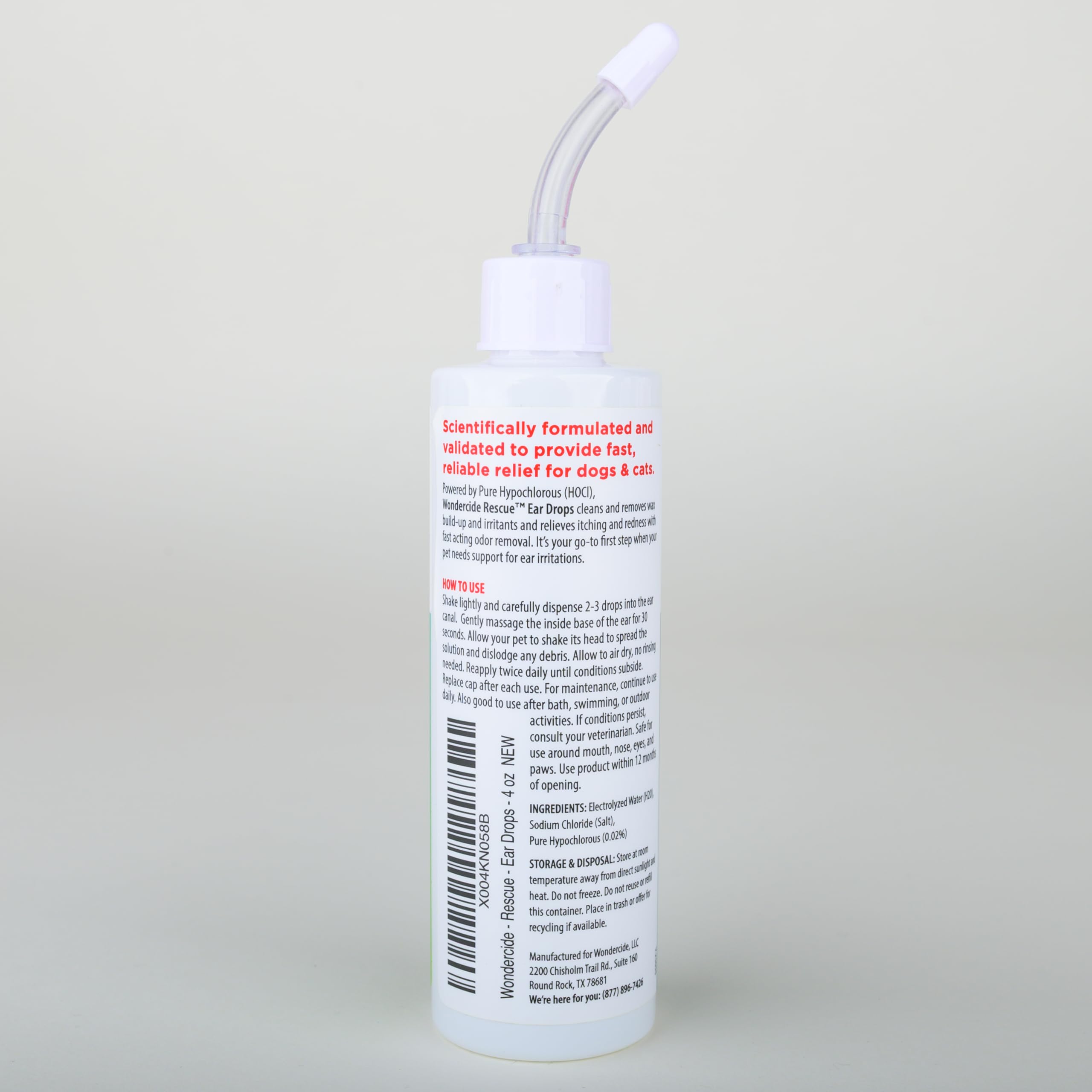 Wondercide Rescue Ear Drops packaging highlights simple three-ingredient formula