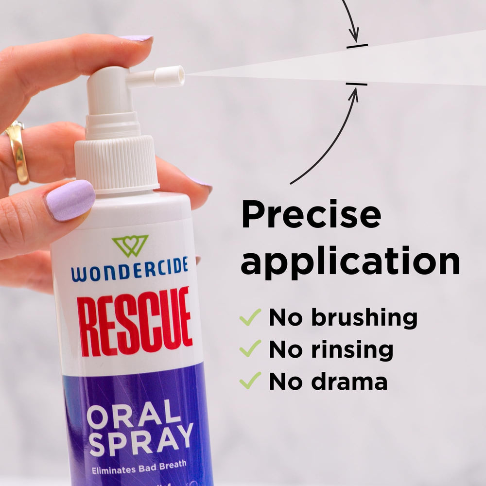 Wondercide Rescue spray on a dog for fresh breath and comfort
