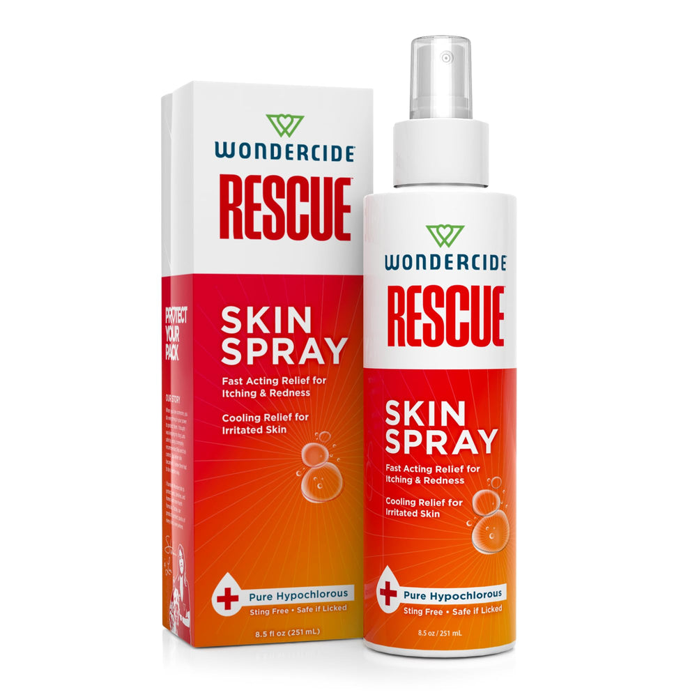 Wondercide Rescue Skin Spray bottle-front view for fast pet skin relief.