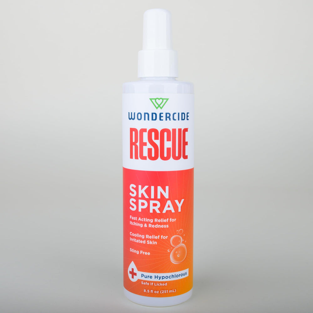 Wondercide Rescue Skin Spray uses pure HOCl to support skin comfort.
