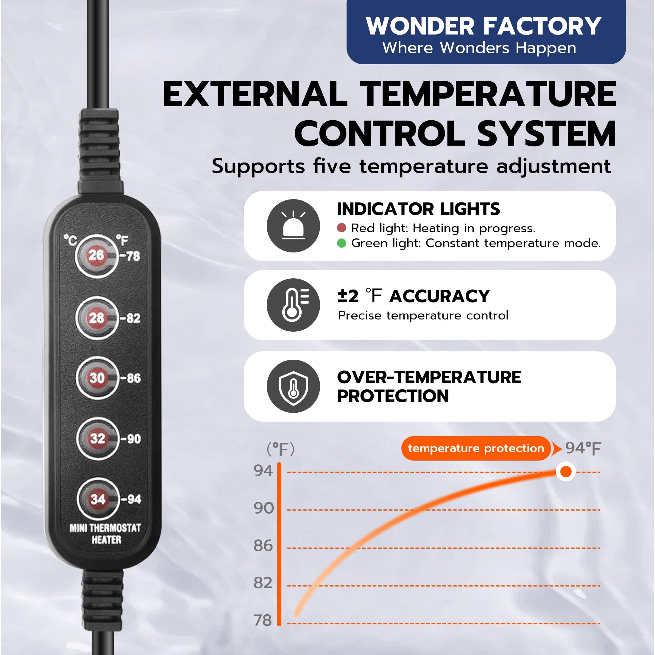 Wonderfactory 75W submersible heater with leak-proof design
