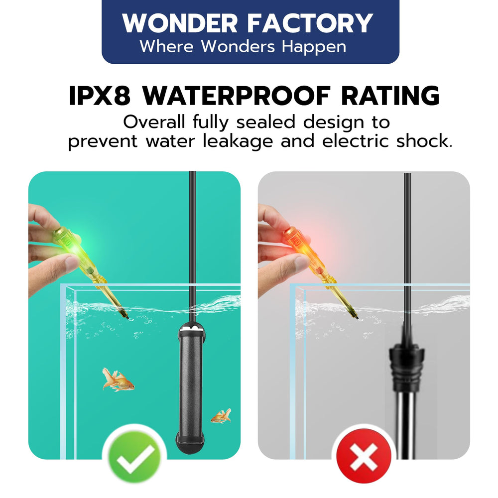 Wonderfactory 75W heater positioned for easy placement in a 5–15 gallon tank