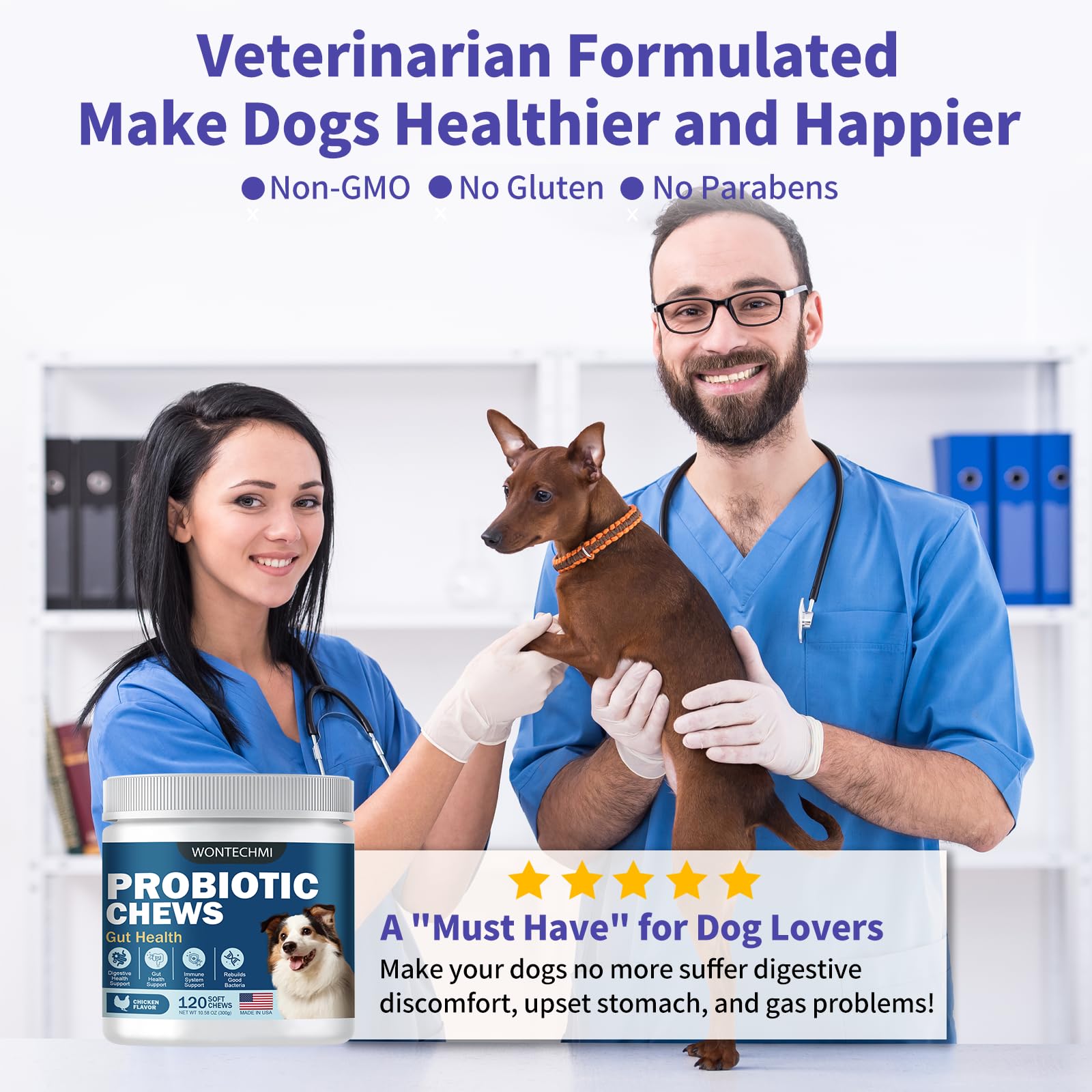 WONTECHMI Probiotics chew being offered to dog, showing easy administration.