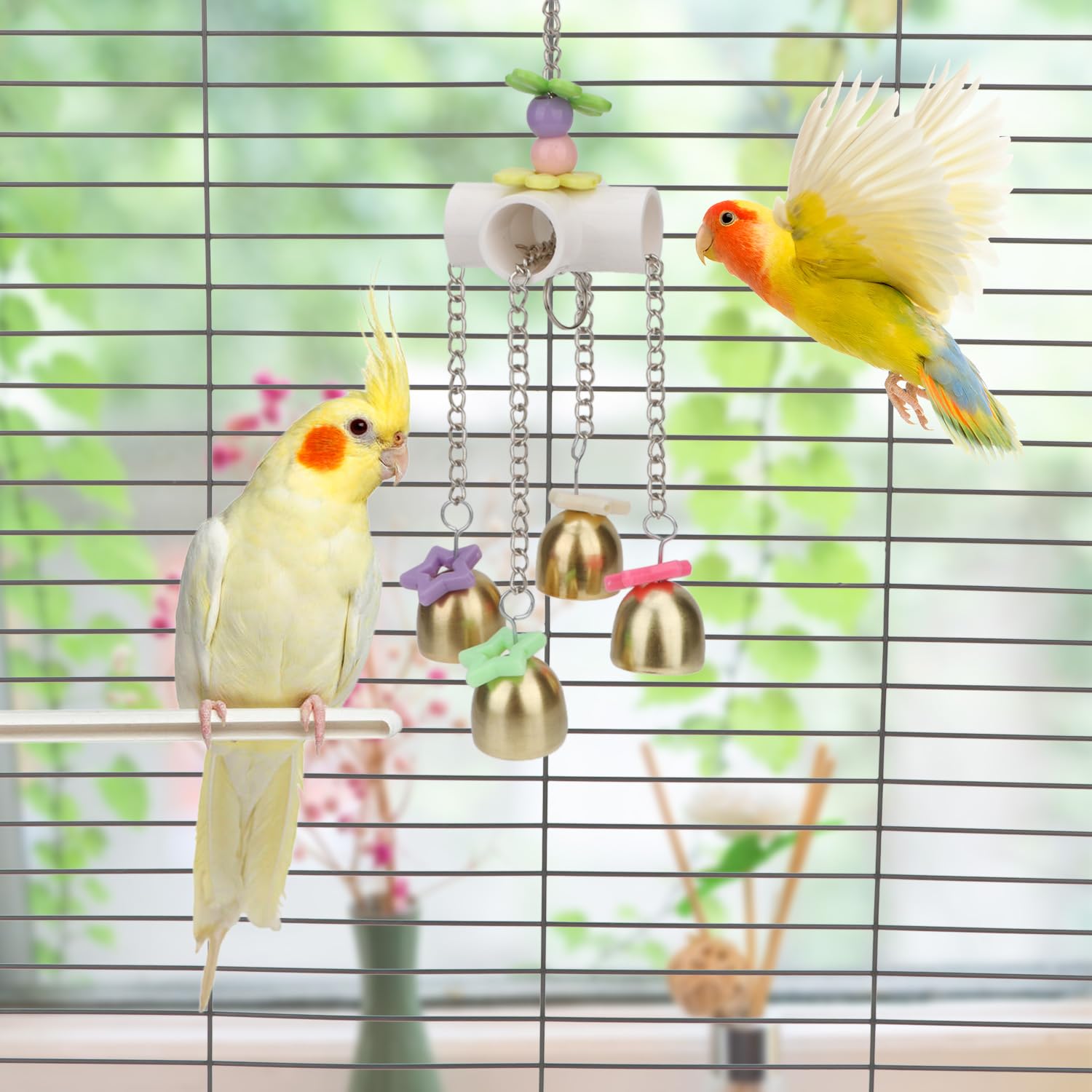 Wontee Bird Bells Toy entertaining scene showing a curious parrot engaged