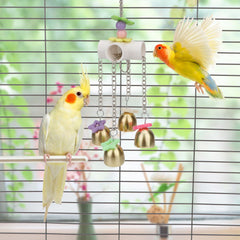 Wontee Bird Bells Toy entertaining scene showing a curious parrot engaged