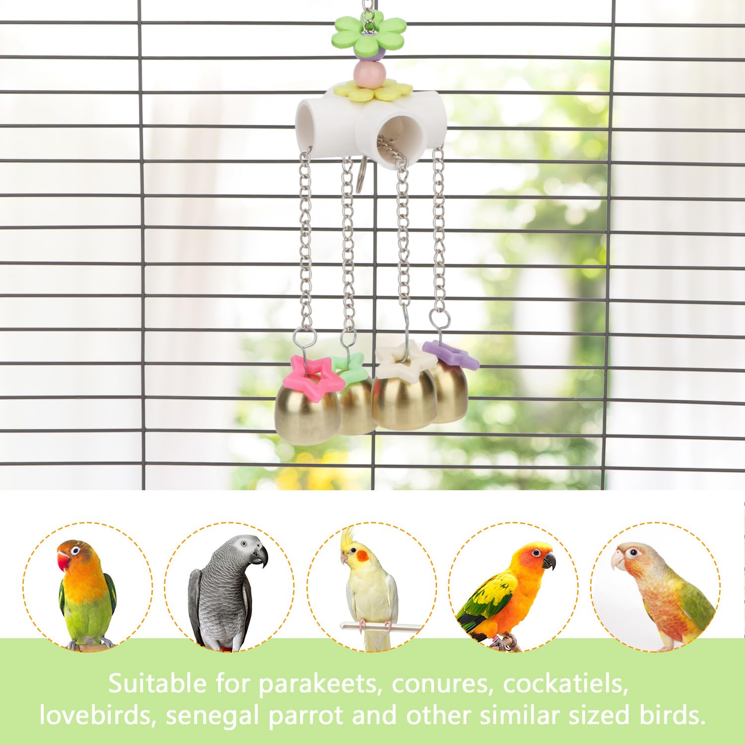 Wontee Bird Bells Toy metal construction emphasizes durable, bite-resistant metal