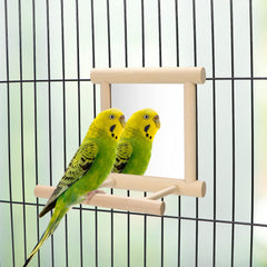 Wontee bird mirror with perch inside cage for enrichment and hours of activity