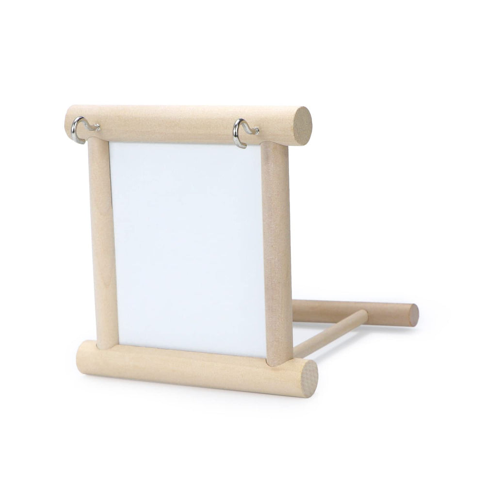 Wontee bird mirror with perch top view shows dimensions for cage fit