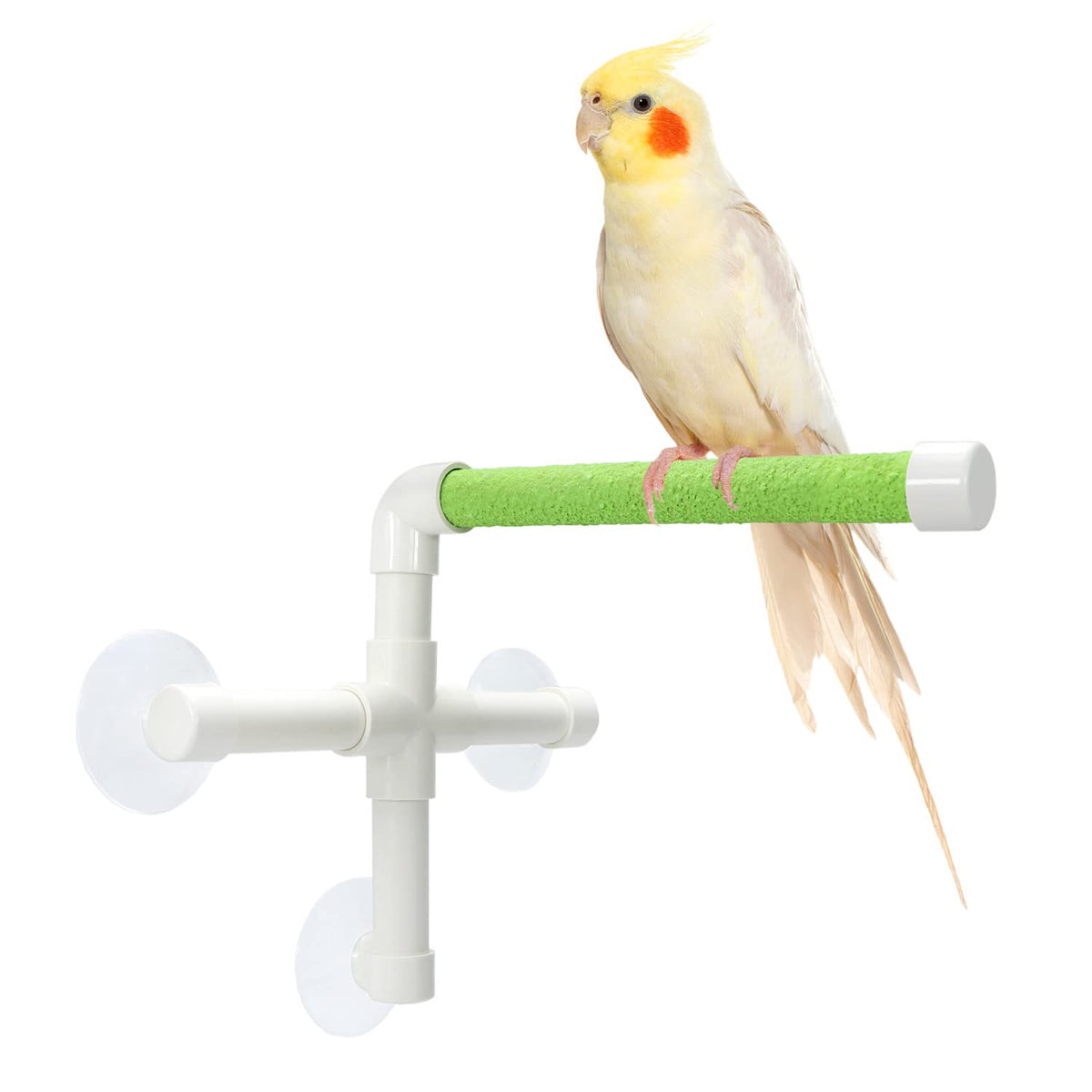 Wontee bird portable suction cup shower perch on stand provides secure play on smooth surfaces.