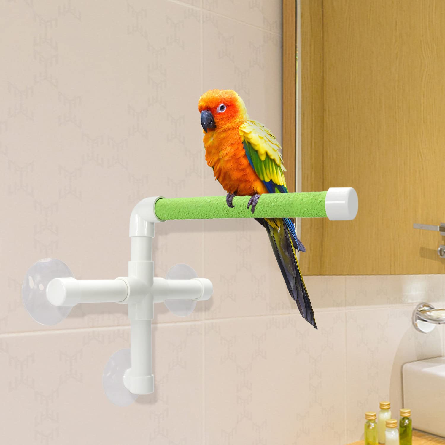 Wontee shower wall perch with suction cups keeps birds safe near water during baths.