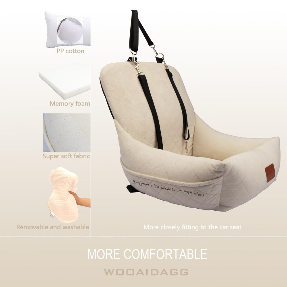 Wooaidagg dog car seat with adjustable straps and leash for secure travel.