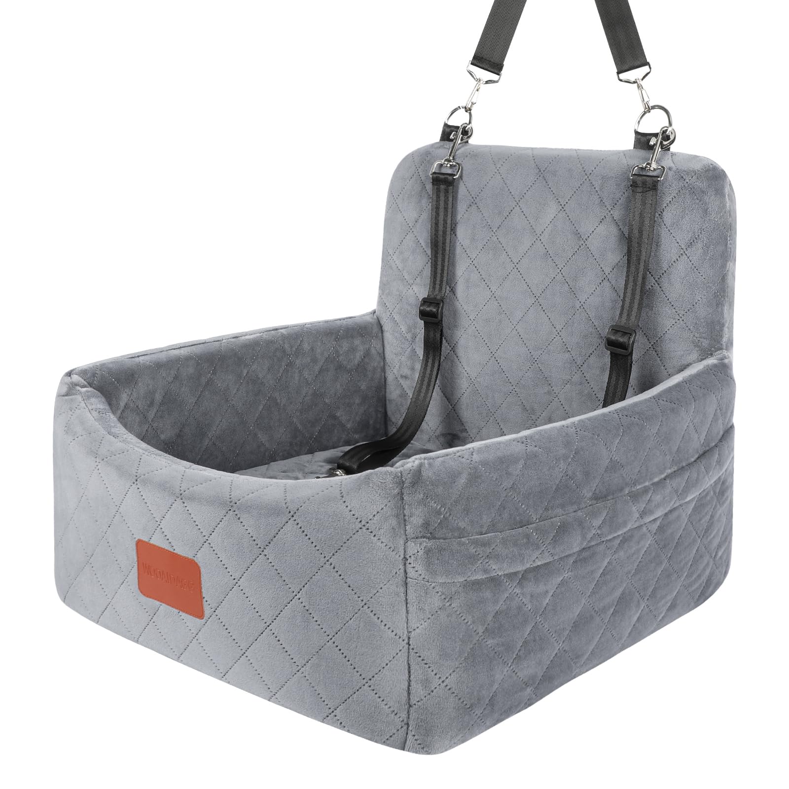 Wooaidagg dog car seat grey front view with memory foam cushion for comfort.
