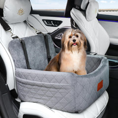 Wooaidagg dog car seat grey with clip-on safety leashes for secure restraint.