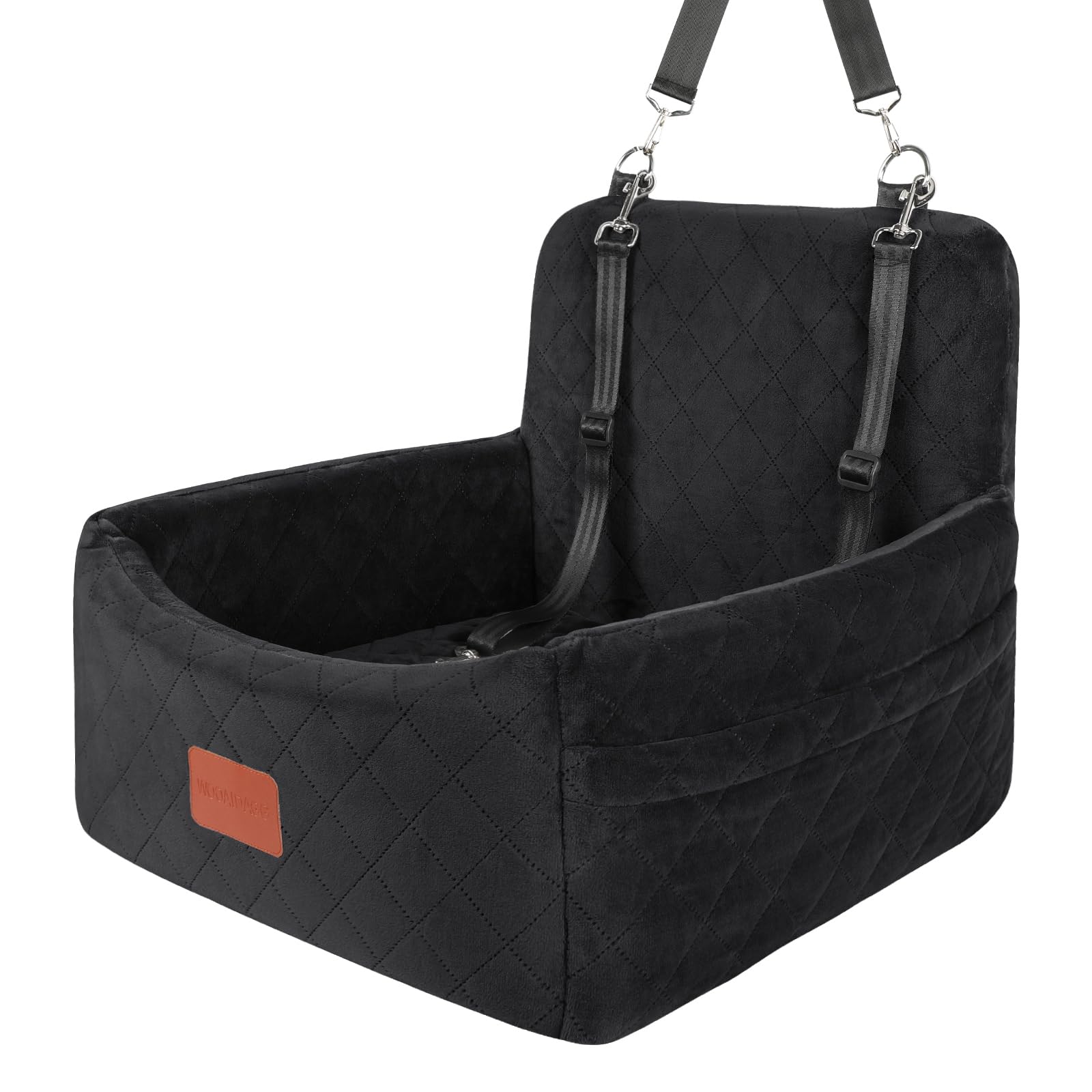 Wooaidagg memory-foam dog car seat close-up showing plush comfort for travel