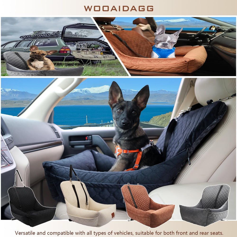 Wooaidagg dog car seat two storage pockets hold toys and treats.