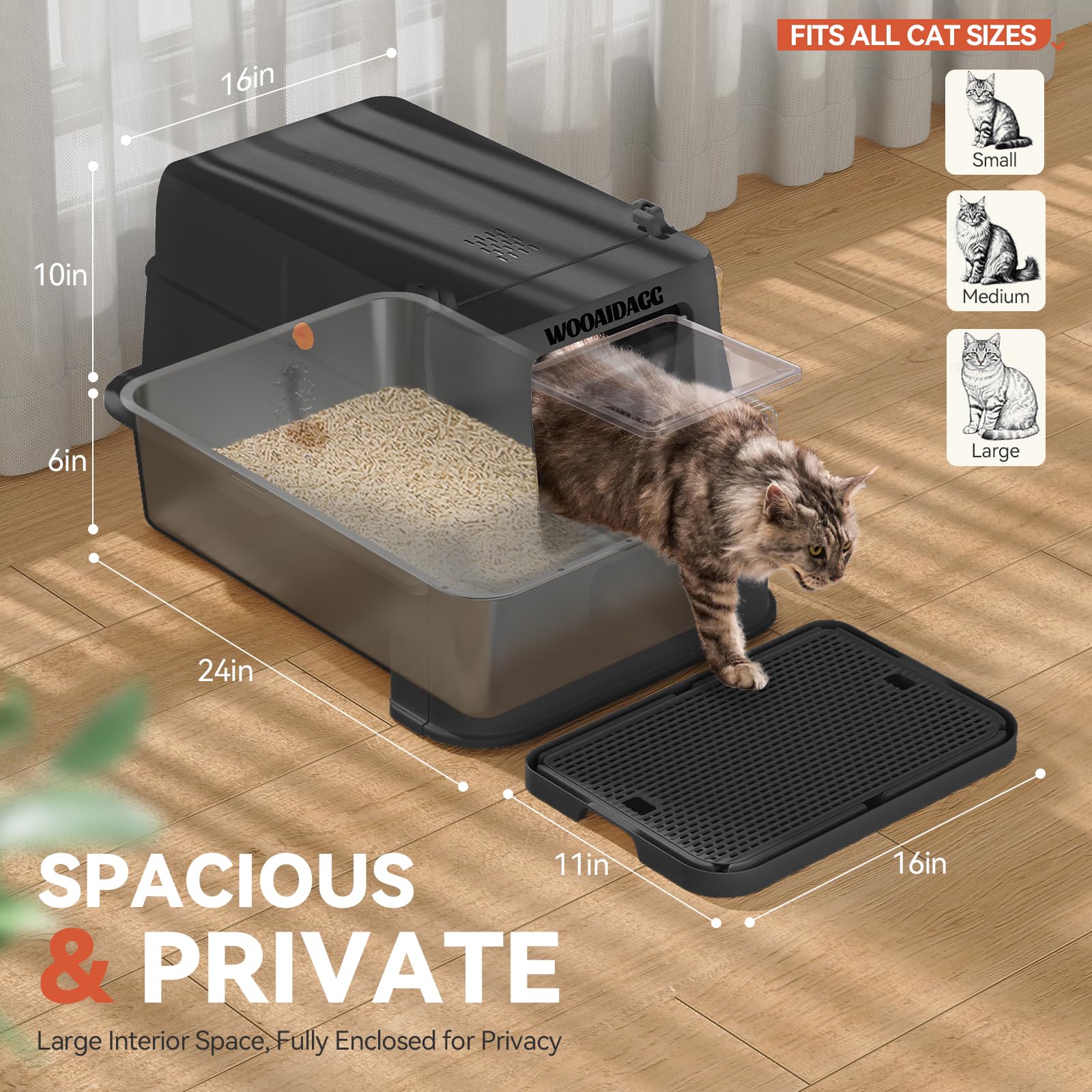 Wooaidagg carbon filter on top helps maintain fresher air in the litter area.