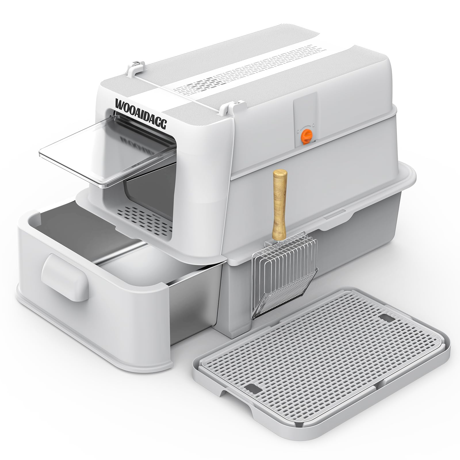 Wooaidagg enclosed litter box front view highlights private space and easy access for cats.
