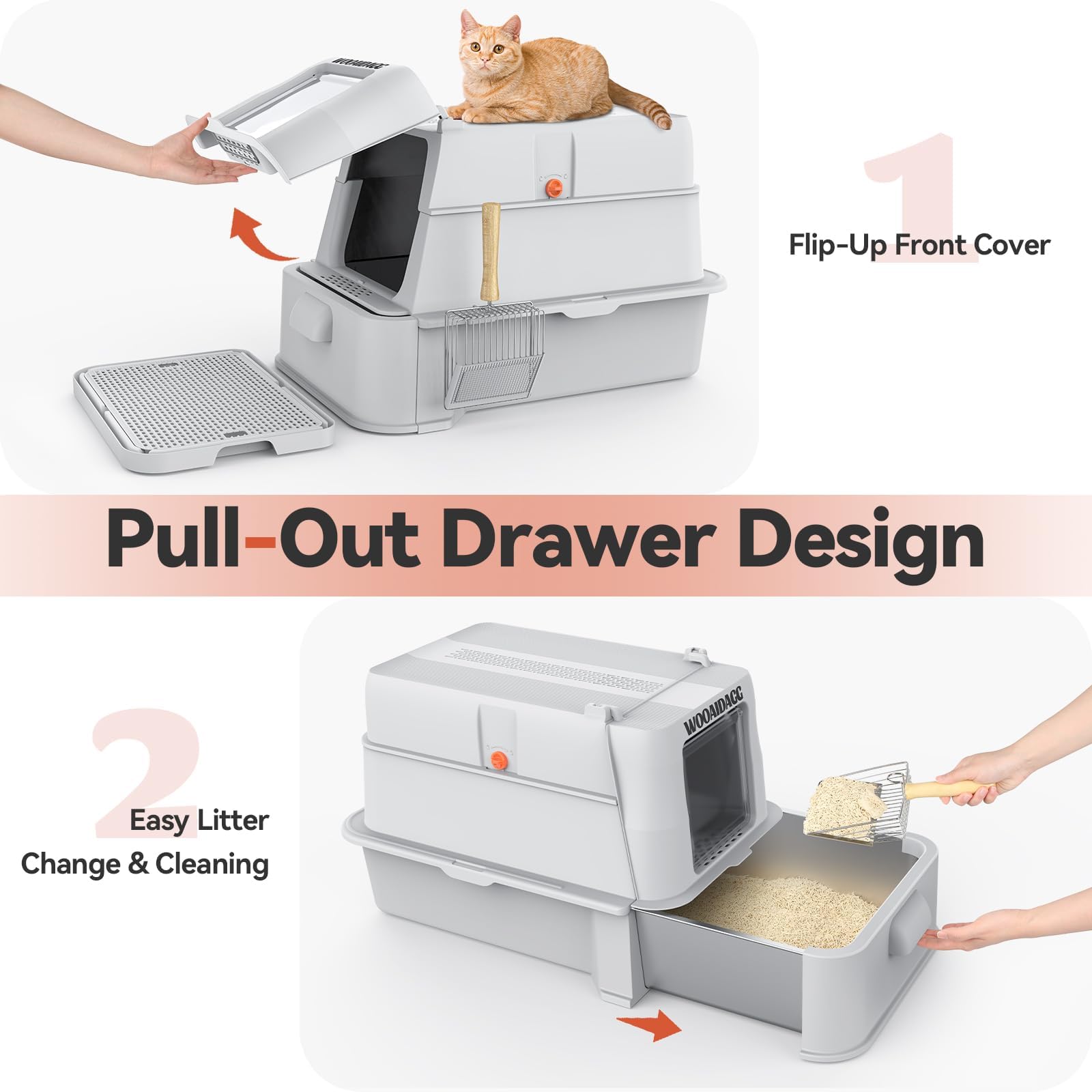 Wooaidagg enclosed litter box top view shows carbon filter top for odor control.