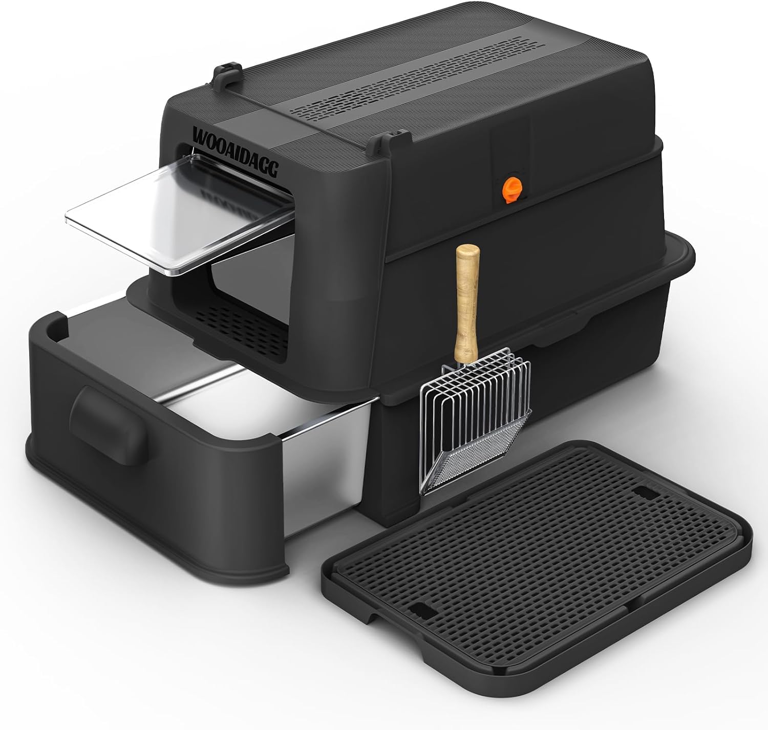 Wooaidagg enclosed litter box top view shows private space and odor-control design.