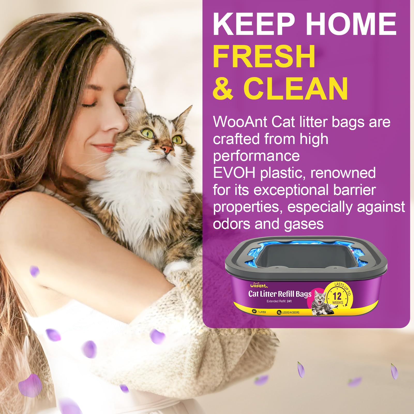 WooAnt odor-control up to 96 weeks highlights long-lasting freshness.