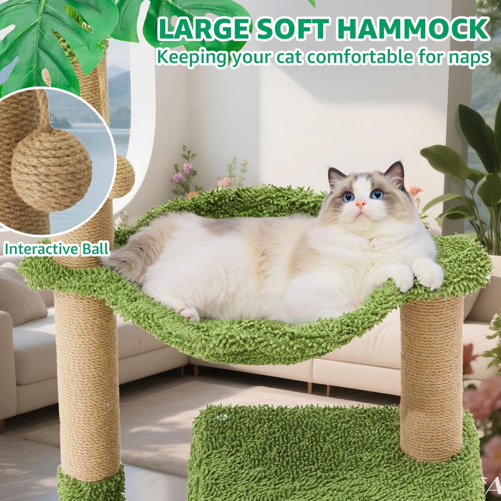 Woochpet cozy hammock on the cat tree provides a relaxed lounging spot.