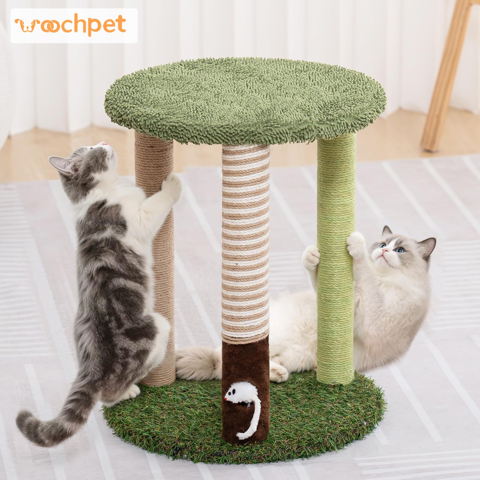 Woochpet cat tree scratch-post close-up highlights textured sisal for satisfying scratching