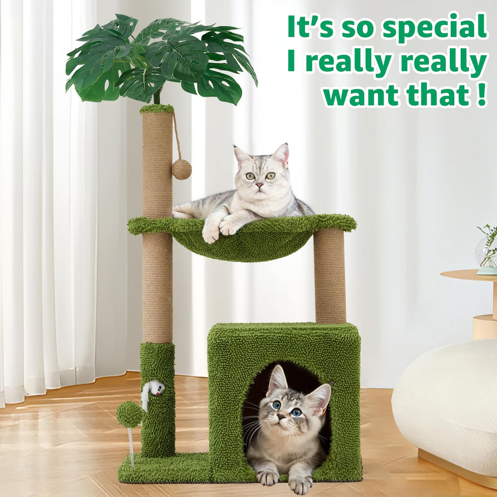 Woochpet interior cat tree with green leaves enhances cozy jungle vibe