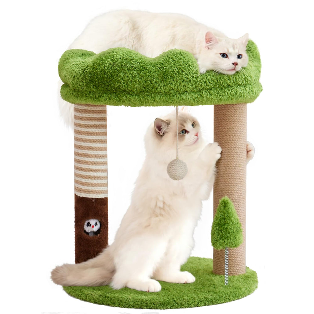 Woochpet small cat tree with perch in green offers elevated lounging and scratching.