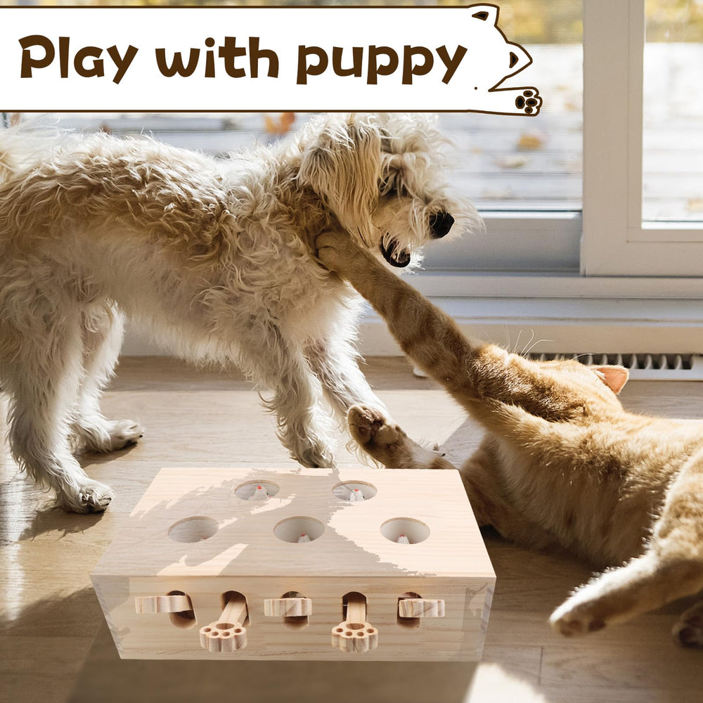 Wooden Interactive Cat Toy pop-up dimensions conveys size and placement for home use