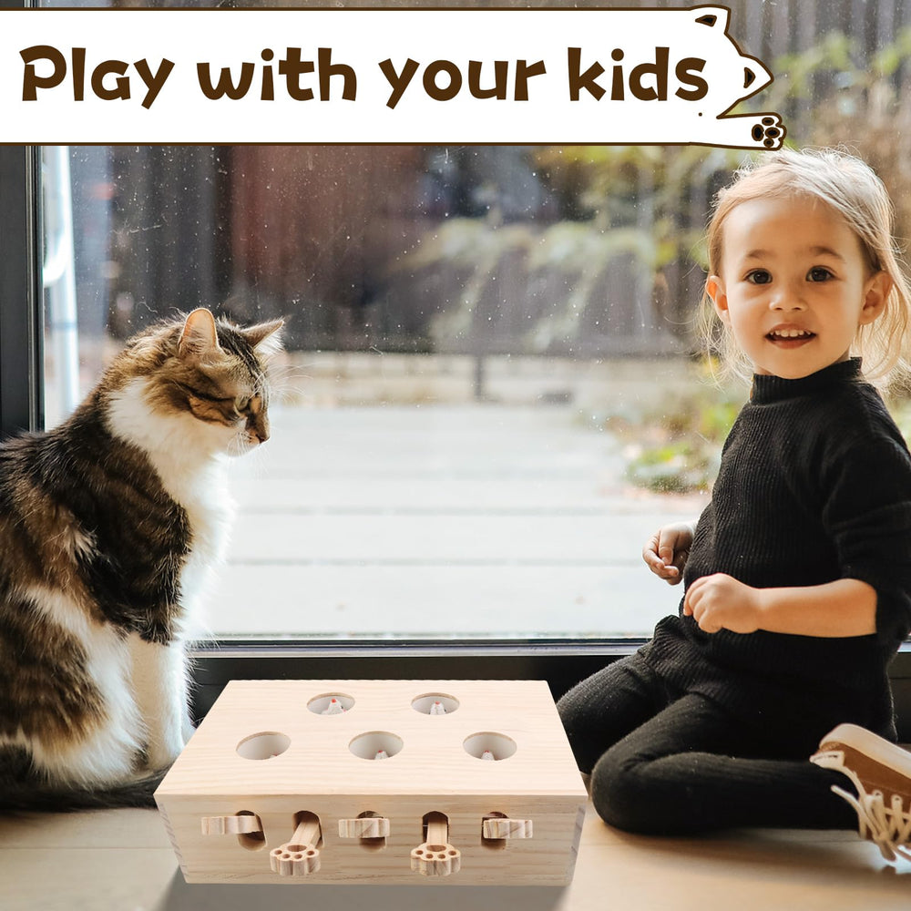 Wooden Interactive Cat Toy pop-up safety-materials emphasizes polished wood and safe design