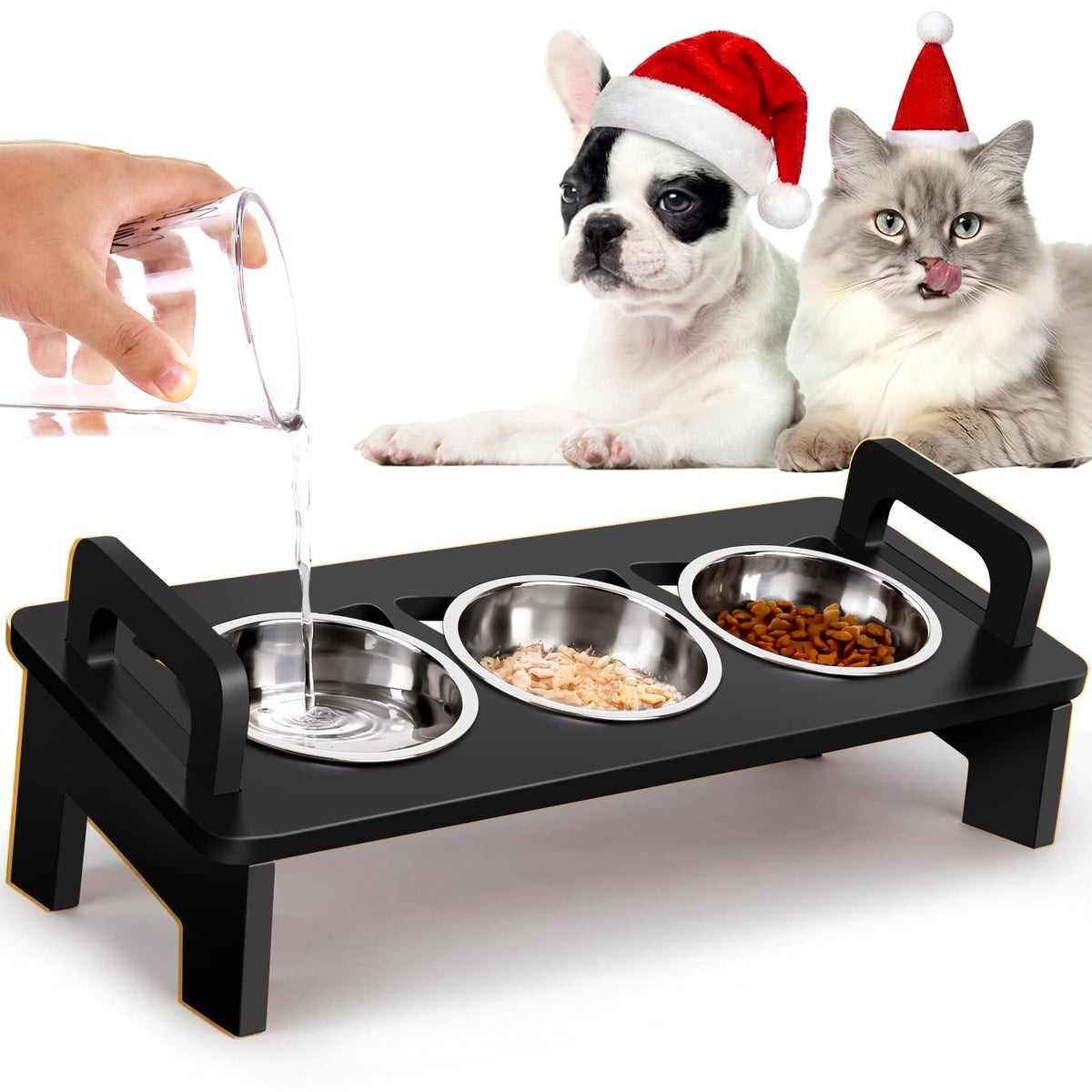 Woodever bamboo elevated cat bowl stand promotes comfortable feeding posture.