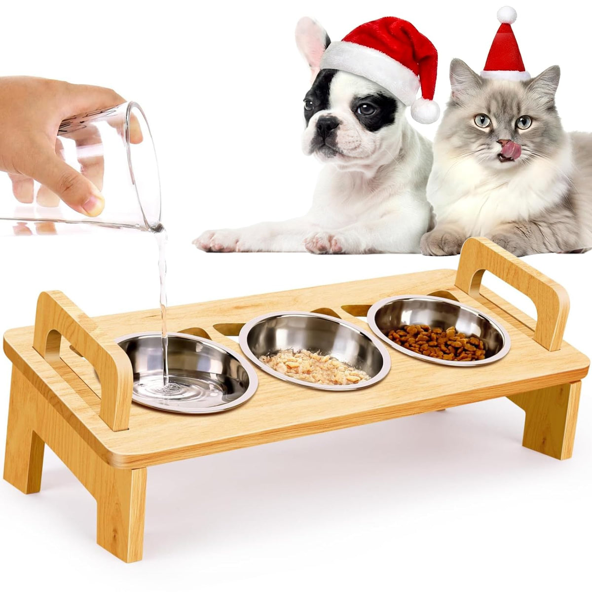 Woodever elevated cat bowl stand with three stainless steel bowls for easy, mess-free meals.