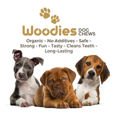 Woodies Dog Chews close-up highlights natural coffee wood grain and texture.