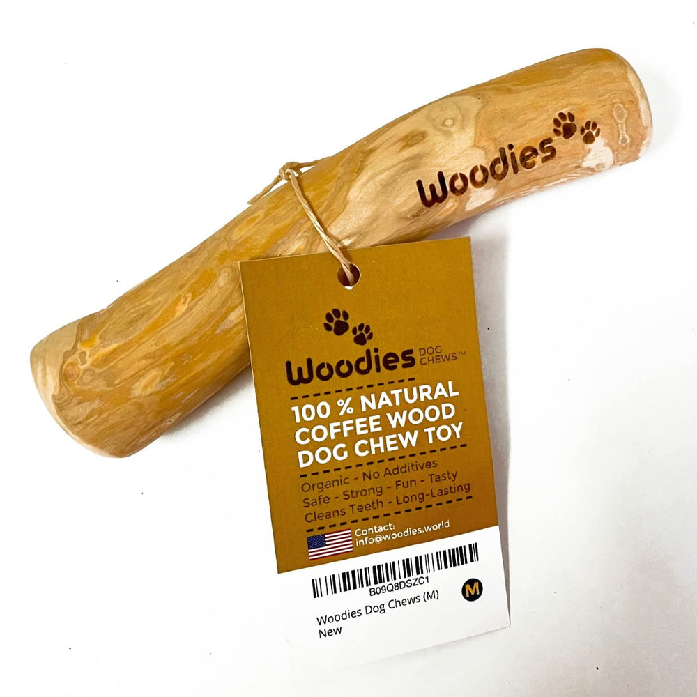 Woodies Dog Chews packaging shows eco-friendly packaging and US-made origin.