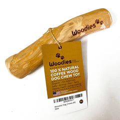Woodies Dog Chews packaging shows eco-friendly packaging and US-made origin.