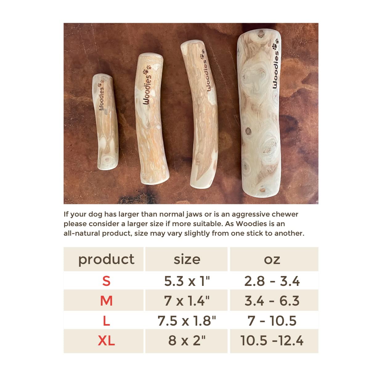 Woodies Dog Chews with smoothed ends emphasizes safe, rounded chew surface.