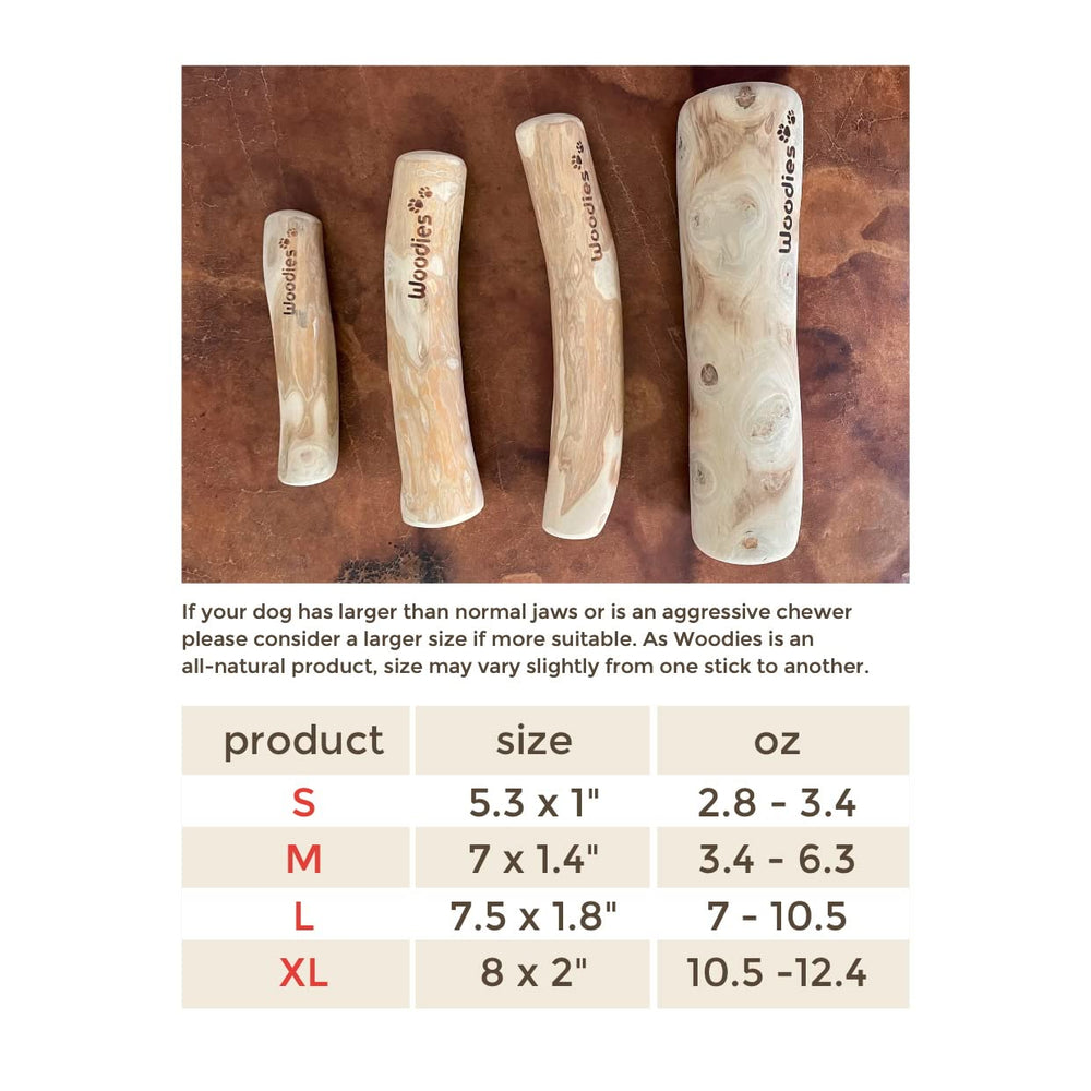 Woodies Dog Chews with smoothed ends emphasizes safe, rounded chew surface.