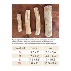 Woodies Dog Chews with smoothed ends emphasizes safe, rounded chew surface.