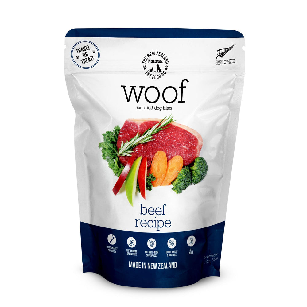 Woof air-dried beef dog food 3.5oz pack offers convenient, flavorful nutrition.