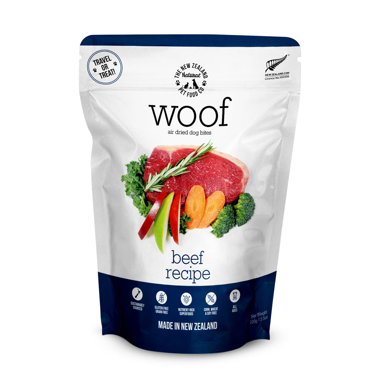 Woof air-dried beef dog food 3.5oz pack offers convenient, flavorful nutrition.