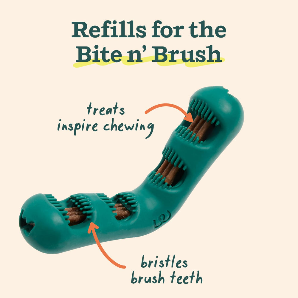 WOOF bite n' brush pack helps dogs chew quietly while cleaning teeth.