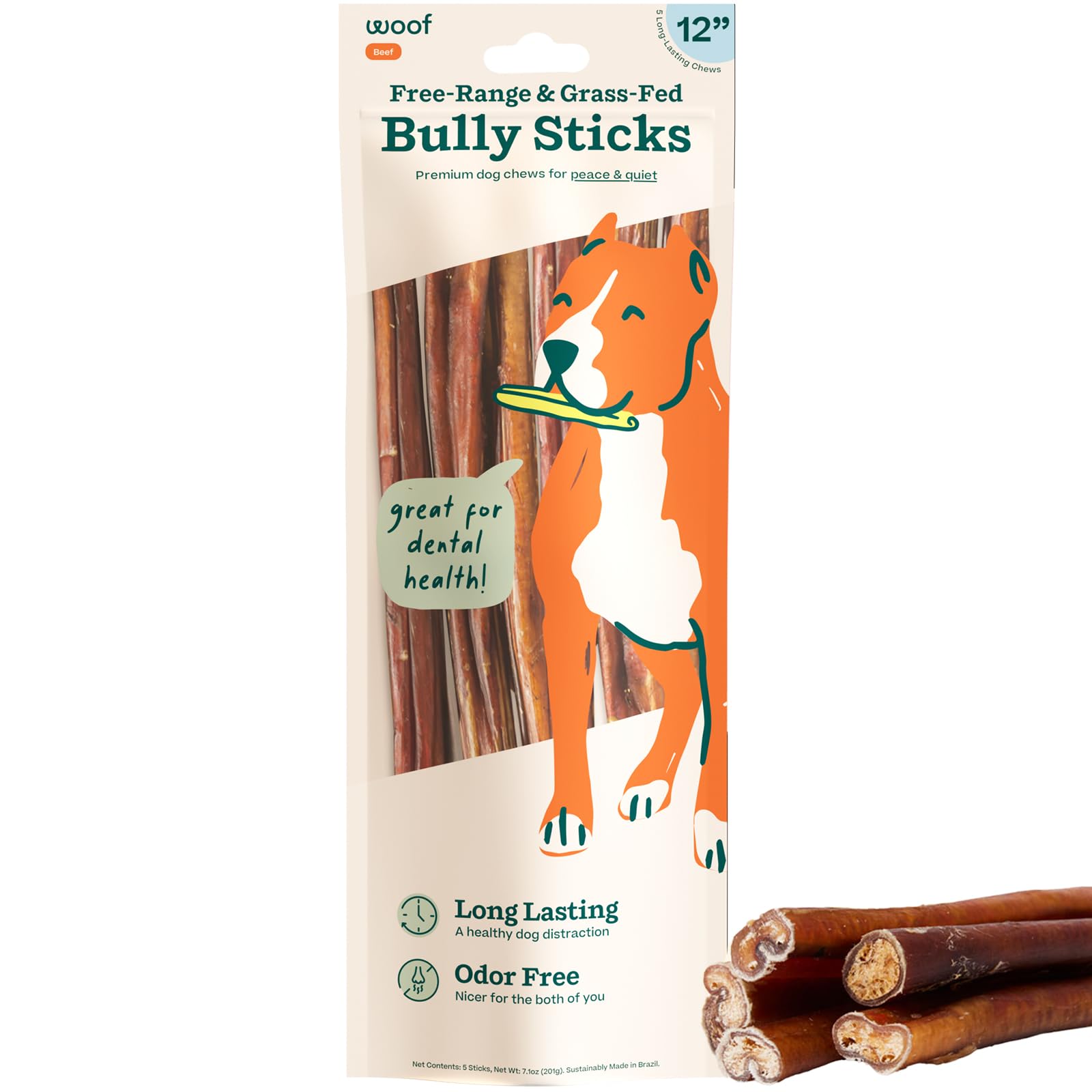 WOOF Bully Sticks 12-inch pack offers long-lasting canine chew for calm enrichment.