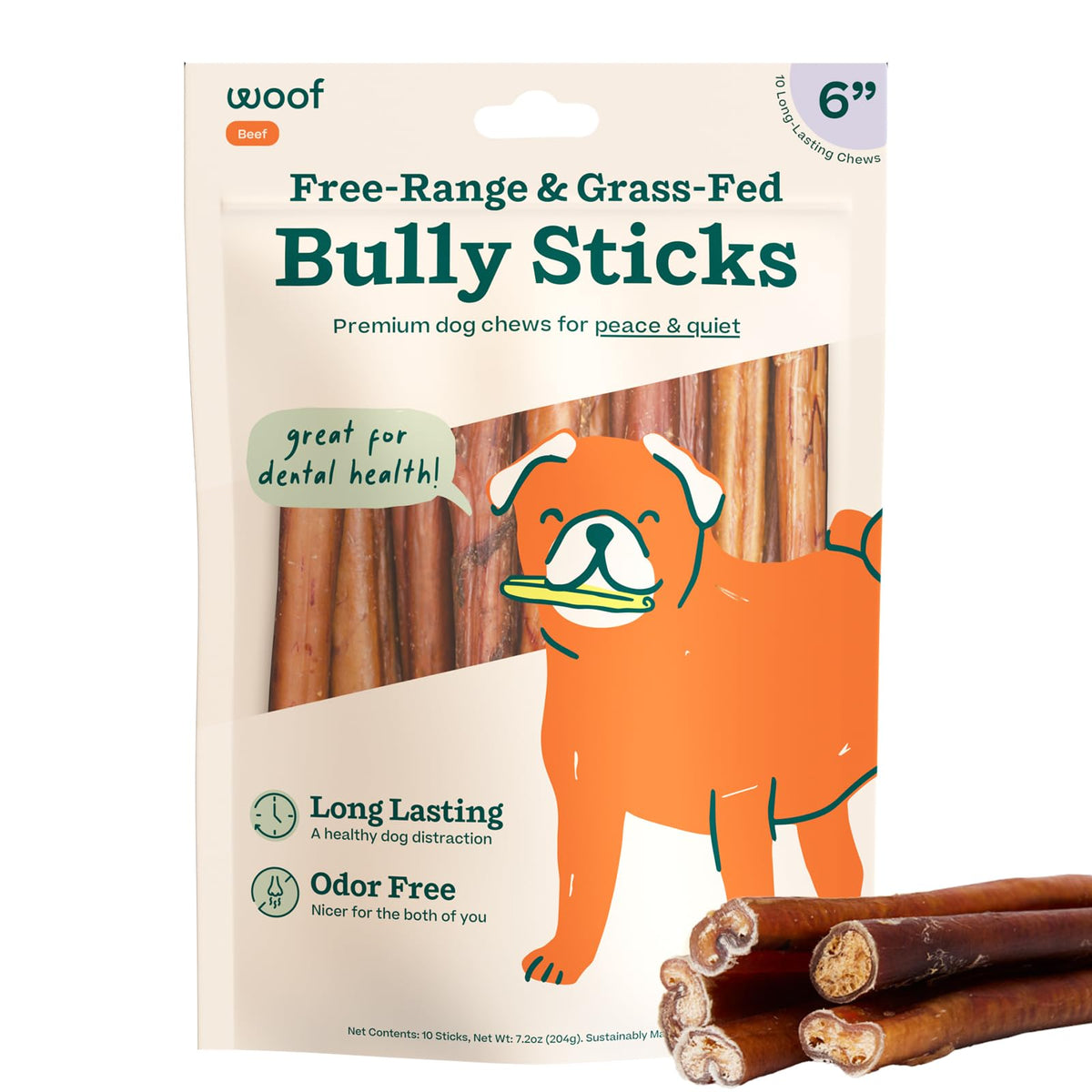 WOOF Bully Sticks close-up of a 6-inch chew highlighting long-lasting entertainment.