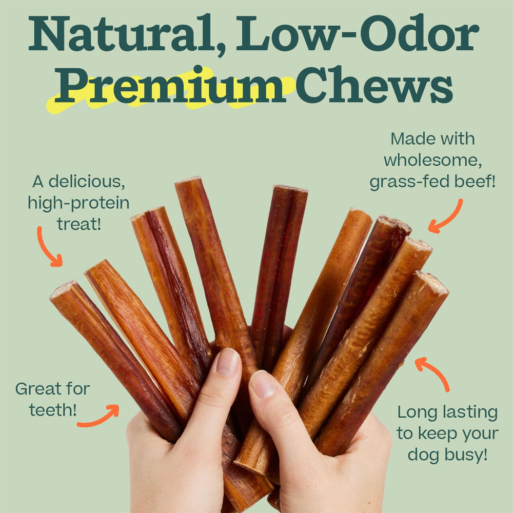 WOOF Bully Sticks odor-free chew for a clean, safe chewing experience.