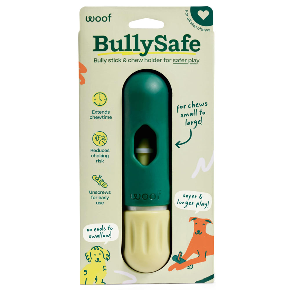 WOOF BullySafe holder assembly demonstrates secure chew setup for safer play.